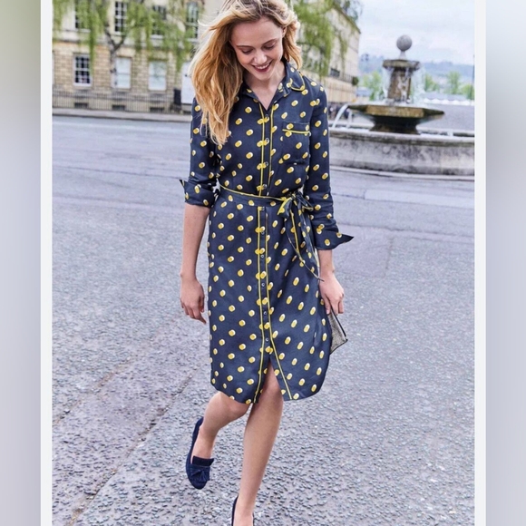 Boden Dresses & Skirts - Boden Polka Dot Blue/Yellow Long Sleeve Button Shirt Dress Size 4